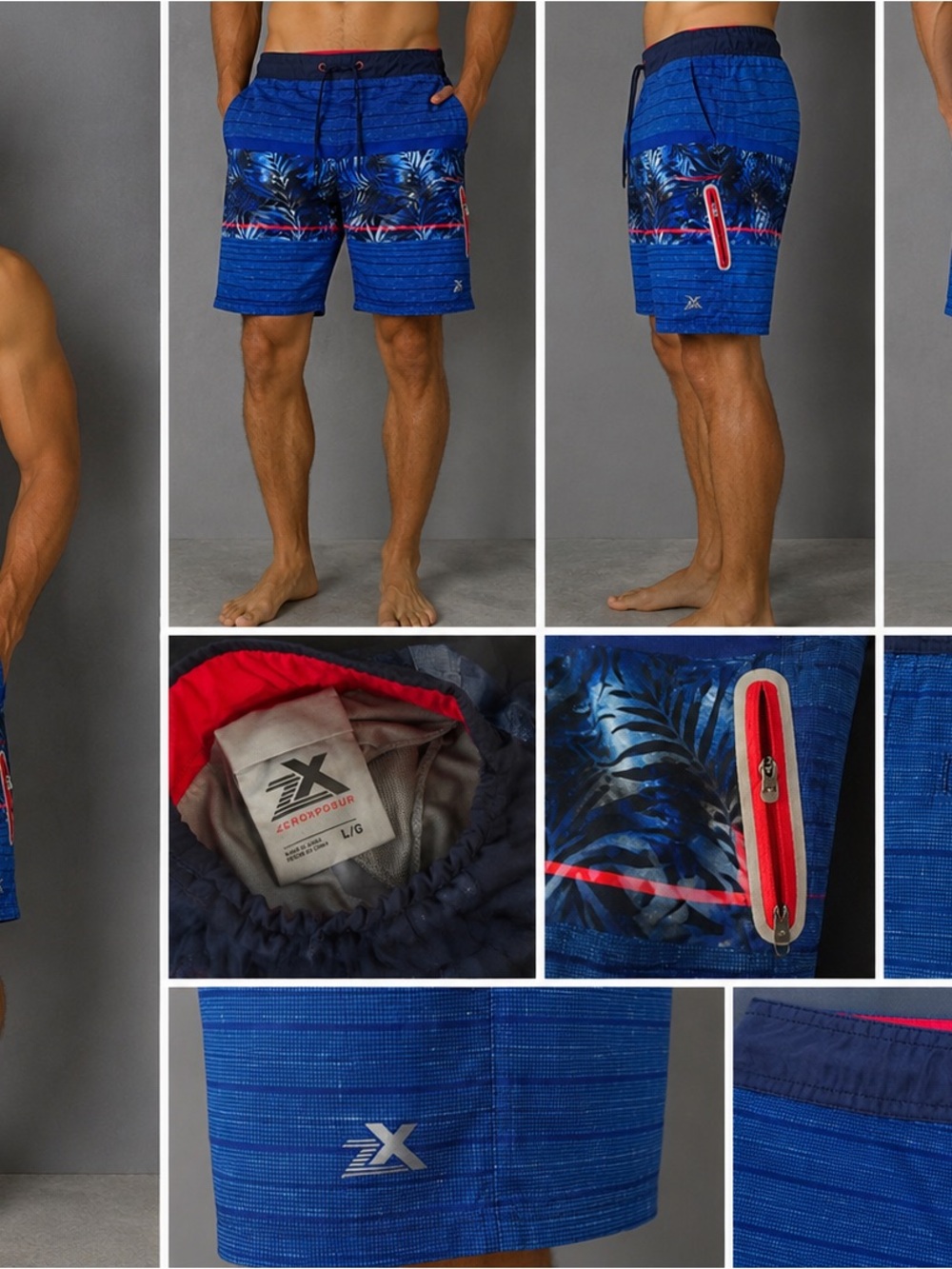 ZeroXposur Blue Tropical Board Shorts with Red Accent